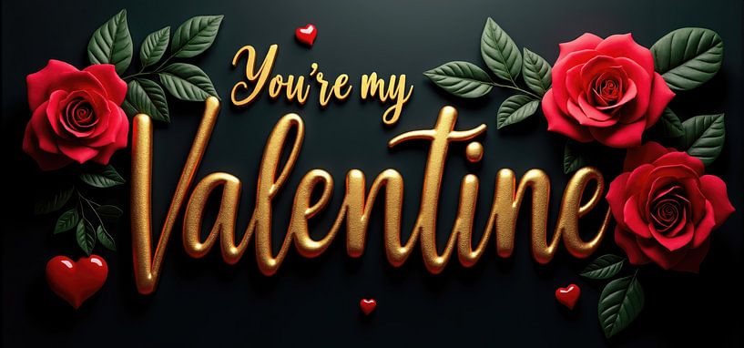 Gold Script "You're My Valentine" with Red Roses and Hearts by Markus Gann
