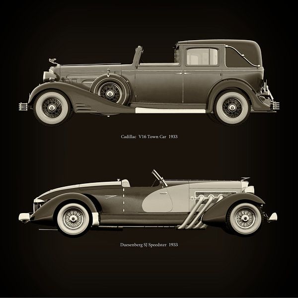 Cadillac V16 Town Car 1933 en Duesenberg SJ Speedster 1933 van Jan Keteleer (JanKé): Een reis voorbij het canvas
