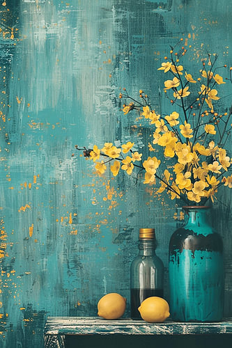 Vintage turquoise stilleven met mimosa en citroenen