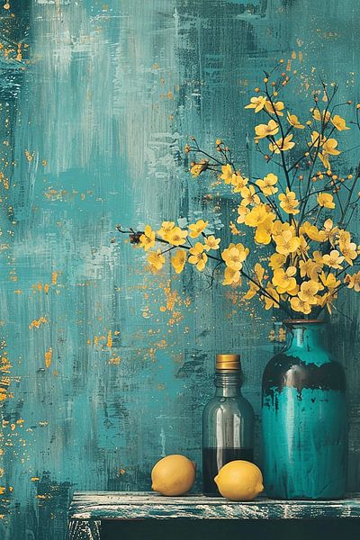 Nature morte vintage turquoise avec mimosa et citrons par Marijke Trienekens