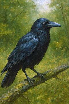 Ein Gemälde mit einem Raben.