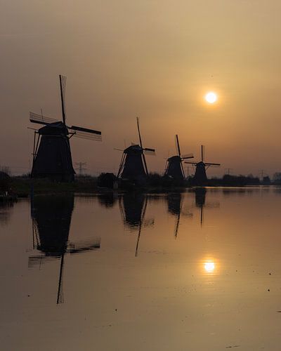 Zonsopkomst molens bij Werelderfgoed Kinderdijk met  Saharastof
