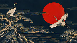 Japanse kraanvogels onder de karmozijnrode zon van my pixel art