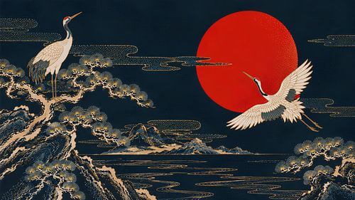 Japan Cranes Beneath Crimson Sun