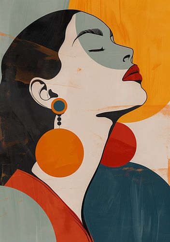 Abstract portret van een Aziatische vrouw met grote oorbellen