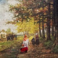 Walking in 1880 (woman with headscarf and suitcase in painting)