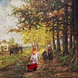 Walking in 1880 (vrouw met hoofddoek en rolkoffer in schilderij)