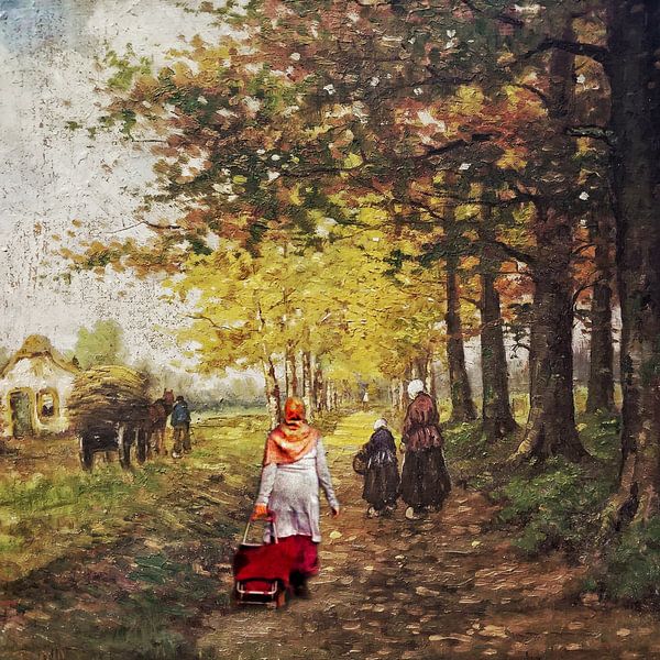 Marche en 1880 (femme avec foulard et valise dans le tableau) par Ruben van Gogh - smartphoneart