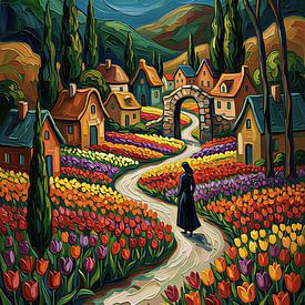 Impasto Colorful Tulip Village with Ancient Stone Arch and Moonlight by VICTOR S