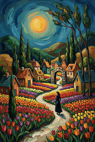 Impasto Colorful Tulip Village with Ancient Stone Arch and Moonlight