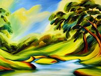 Hills Landscape with stream - Brush painting