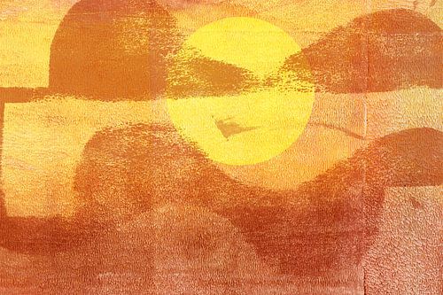 Abstract minimalistisch landschap. Zonsondergang in geel en terra