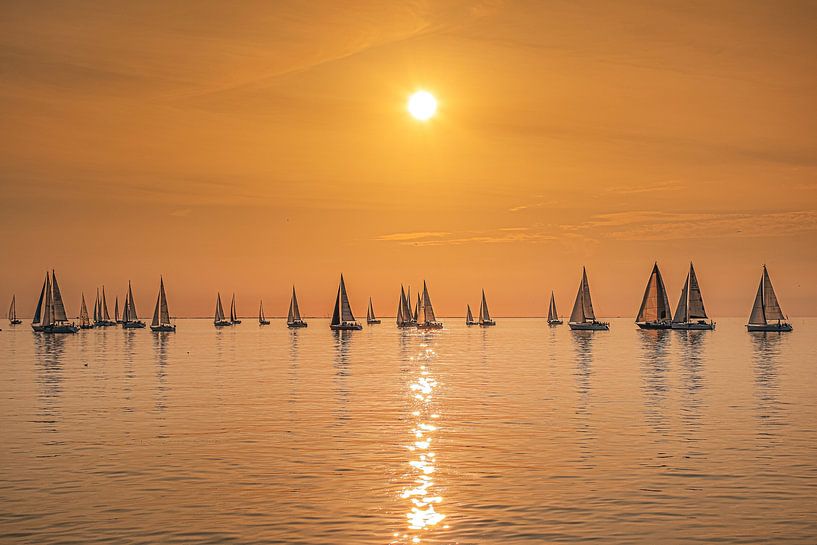Sailing race on the IJsselmeer and sunset by Harrie Muis