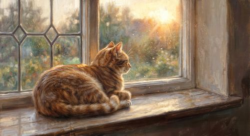 Oranje tabby kat op vensterbank naar buiten kijkend