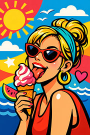 Bunte Pop-Art Sommerfrau mit Eiscreme von DesignDoodle