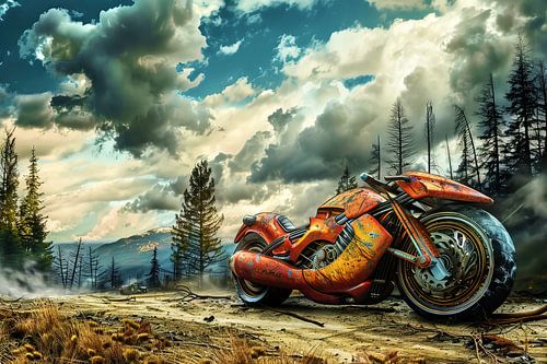 Motorfiets in een dramatisch boslandschap