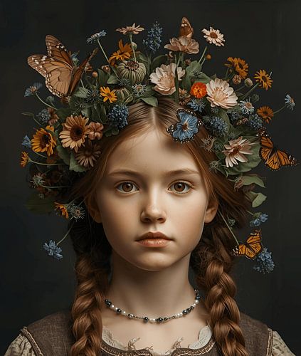 Meisje met vlinders en bloemen