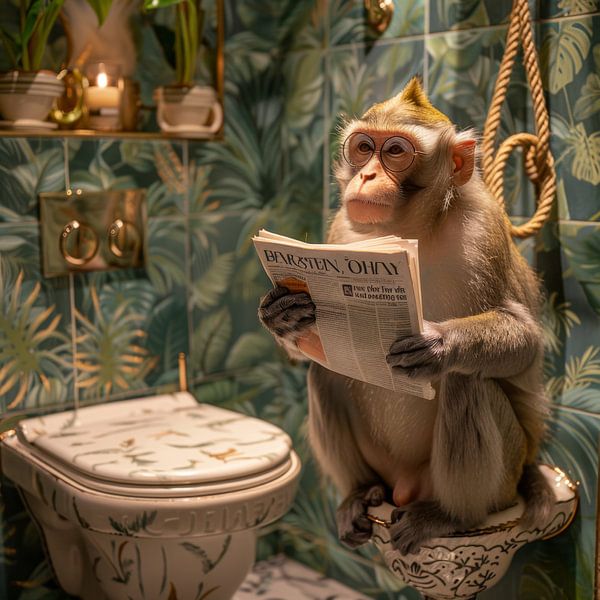 Affe Liest Zeitung im Stilvollen Badezimmer von Poster Art Shop