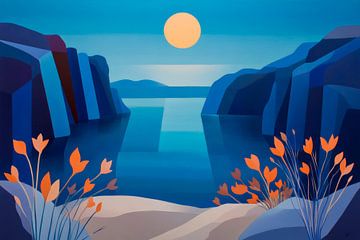 Play of colours at the water's edge Sun embrace in a quiet bay Bl by Poster Art Shop