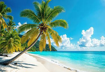 Tropisch strandtafereel met kokospalm en turquoise oceaan