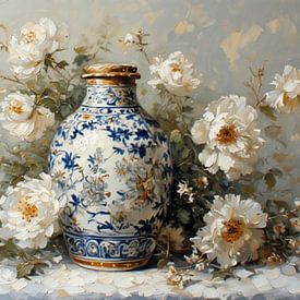 Luxury classic romantic delft blue with white roses. by J.a Dijkstra