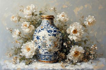 Een landelijk klassiek romantisch delfts blauw vaas met witte rozen.