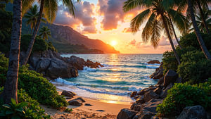 Fantasy Art Wandbild: SOLAVERA - Eine romantische Insel mit Strand bei Sonnenuntergang