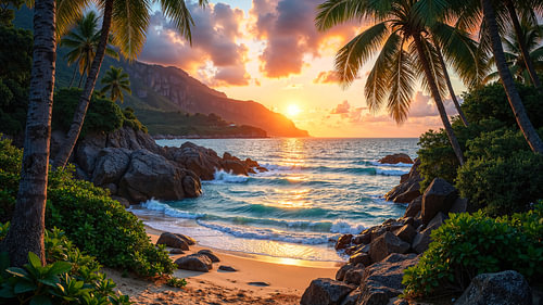 Fantasy Wall Art: SOLAVERA - A Romantic Island with a Beach at Sunset