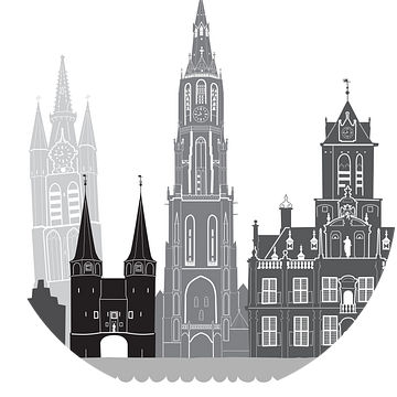 Skyline illustratie stad Delft zwart-wit-grijs van Mevrouw Emmer