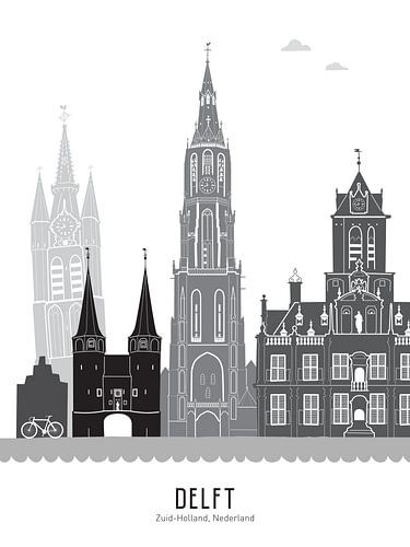 Skyline illustratie stad Delft zwart-wit-grijs
