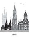 Illustration de la ligne d'horizon de la ville de Delft noir-blanc-gris par Mevrouw Emmer Aperçu