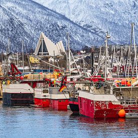 Haven en kathedraal van de Noordelijke IJszee in de stad Tromsø in Noorwegen van Rico Ködder