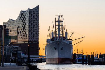 Cap San Diego en Elbphilharmonie in Hamburg tijdens zonsopgang van Andrea Gaitanides - Fotografie mit Leidenschaft
