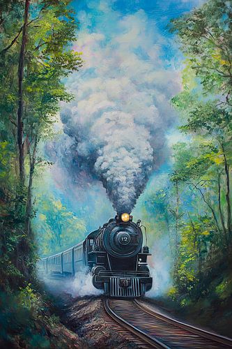 Locomotive à vapeur à travers la forêt