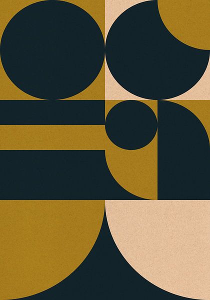 Retro 70er Jahre Wohnen. Abstrakte geometrische Kunst in Senf, Schwarz, Weiß. von Dina Dankers
