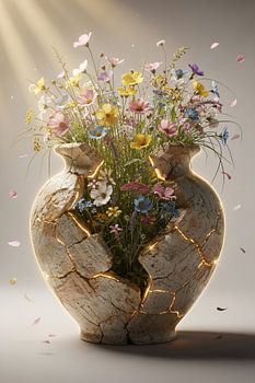 Vase brisé avec des fleurs – œuvre d'art représentant des fleurs sauvages et la lumière