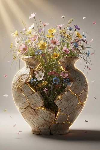 Gebroken vaas met bloemen – kunstwerk met wilde bloemen en licht