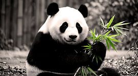 Tableau mural représentant un panda géant en train de manger du bambou - Une charmante photographie animalière