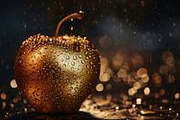 Golden Apple Covered with Sparkling Water Droplets