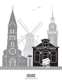 Skyline-Illustration Joure in schwarz-weiß-grau von Mevrouw Emmer