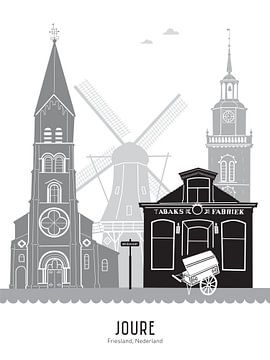 Skyline illustratie Joure in zwart-wit-grijs van Mevrouw Emmer