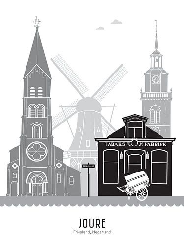 Skyline illustratie Joure in zwart-wit-grijs