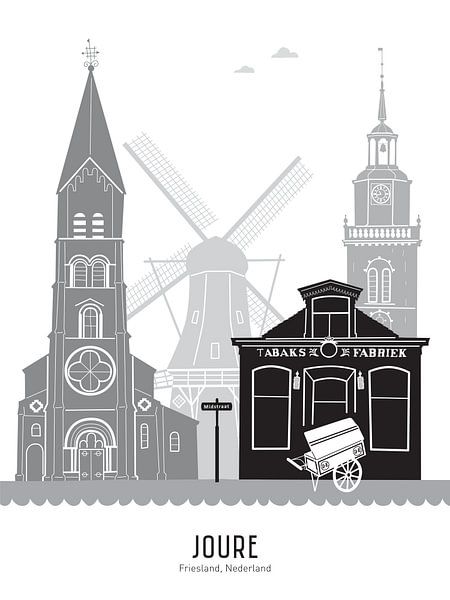 Illustration Skyline Joure en noir et blanc-gris par Mevrouw Emmer