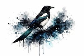 Aquarelle représentant une pie sur Linda de Klein