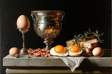Elegant ontbijt met zilver en gebakken eieren van Klaus Tesching - Art-AI