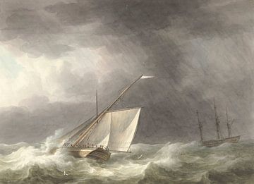 Twee zeilschepen op woelige zee, Martinus Schouman