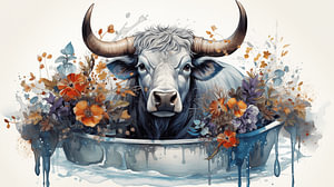 Majestätischer Stier mit Hörner und leuchtenden Blumen, der in der Badewanne sitzt, Kunstdesign-Malerei