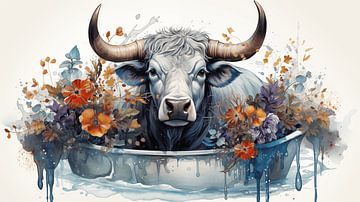 Majestueuze stier met horens en heldere bloemen zittend in de badkuip, art design schilderij van Animaflora PicsStock