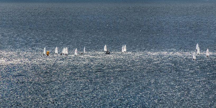 Zeilbootjes op zee in een strakke lichtbaan van de zon van Harrie Muis