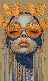 Surrealistisches Porträt mit orangefarbenen Schmetterlingen und Gläsern von Color Square